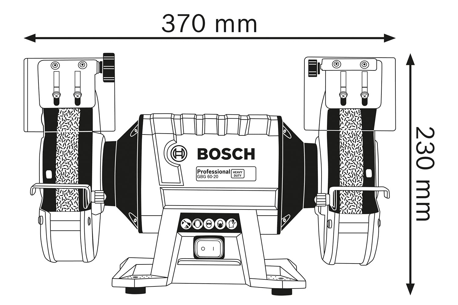 Bosch GBG 60-20 Heavy Duty Double Wheeled Bench Grinder, 600W, 200 mm Dia, 3,600 rpm, Induction Motor, Steel Protective Guards, Protective Covers, 15 kg, 2 x Bosch Grinding wheel, 1 Year Warranty - Image 2