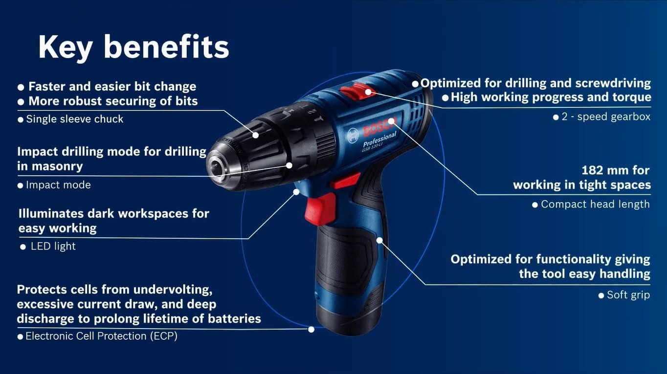Bosch Professional GSB 120-LI Cordless Impact Drill Driver, 12V, 10 mm Chuck, 2 x GBA 12V 2.0Ah Battery, 1 x GAL 12V-20 Charger & 23 Pcs Accessories Set - Image 3