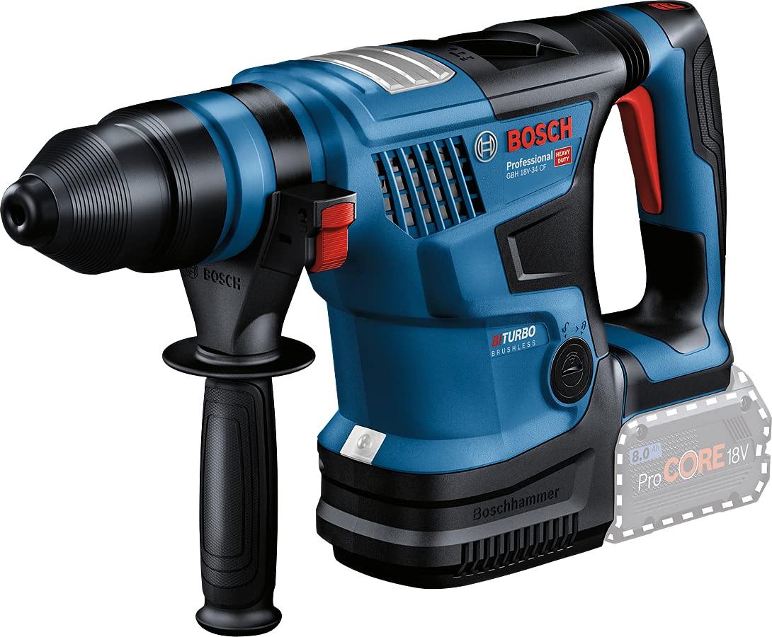 Bosch GBH 18V-34CF Heavy Duty BITURBO Cordless Rotary Hammer with SDS Plus, 5.8 J, 4.9 kg, Brushless Motor, Kickback Control, User Interface, Soft start, Bluetooth + 7 Accessories (Solo Tool)