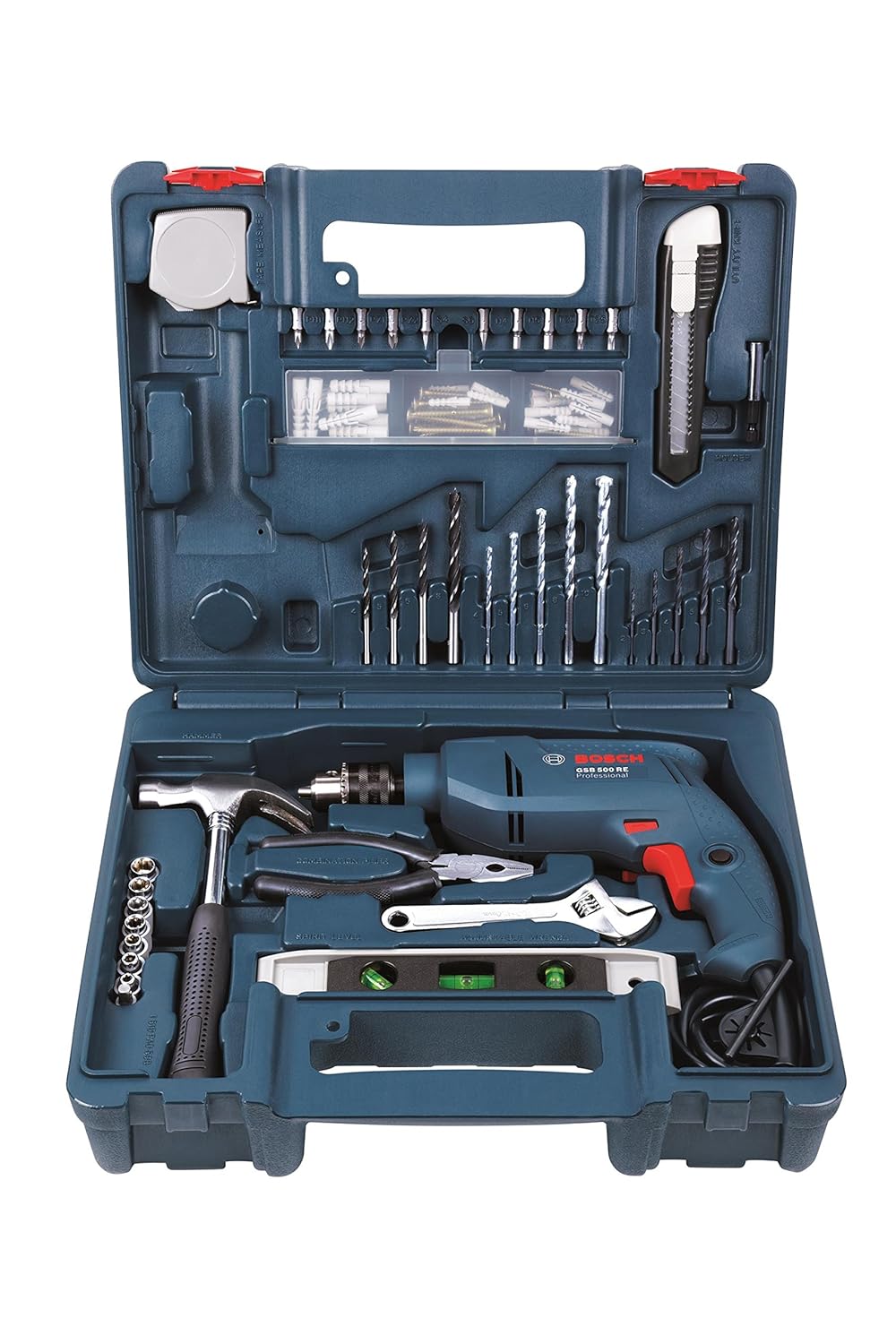 Bosch GSB 500W 500 RE Corded-Electric Drill Tool Set (Blue), 10 mm & Hand Tool Kit (Blue, 66 pieces)