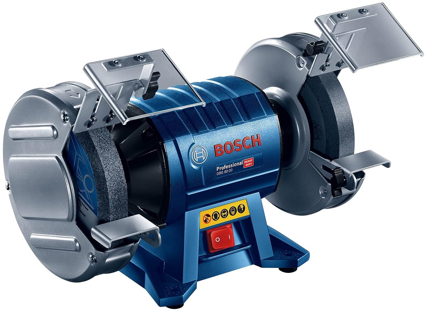 Bosch GBG 60-20 Heavy Duty Double Wheeled Bench Grinder, 600W, 200 mm Dia, 3,600 rpm, Induction Motor, Steel Protective Guards, Protective Covers, 15 kg, 2 x Bosch Grinding wheel, 1 Year Warranty