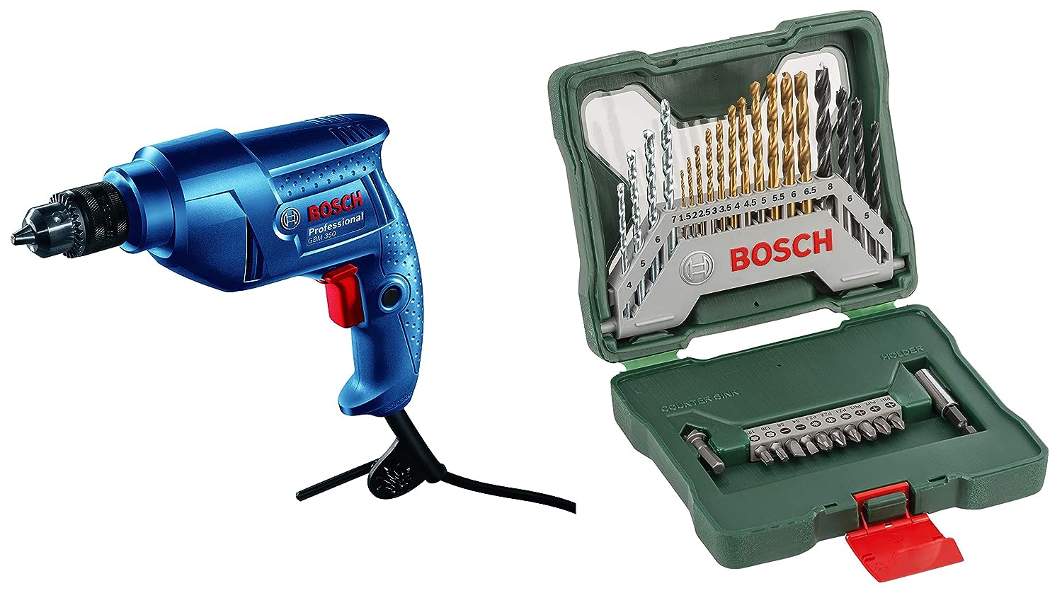Bosch Gbm 350 Professional Rotary Drill, Wood & Metal Work (350 Watt Blue), 1 Pack&Bosch X30Ti Drill Bit and Driver Bit Set (30-Pieces)&Bosch Masonry Drill Bit Set (5-Pieces)