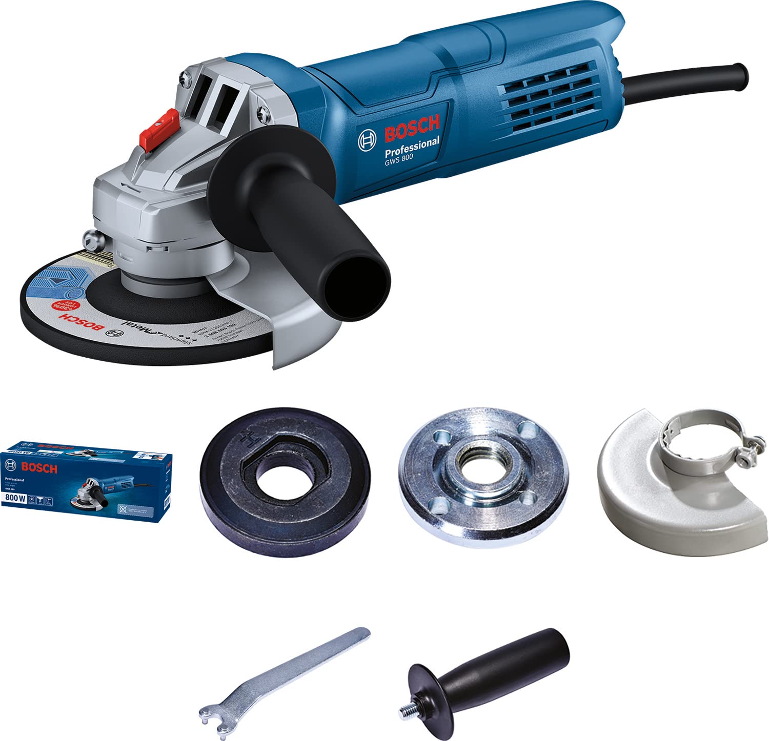 Bosch Professional GWS 800 Corded Electric Angle Grinder, M10, 800W, 100 mm Disc Dia, with Auxiliary Handle